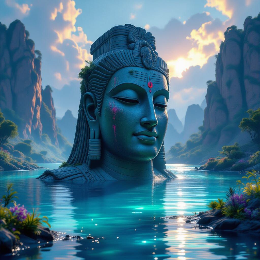 Colossal Deity Statue in Bioluminescent Lake