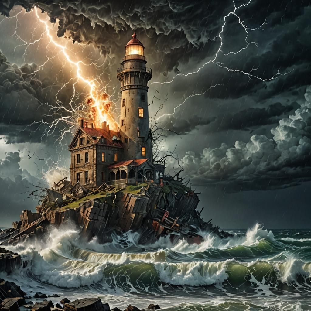 Tempest Devours Ruined Lighthouse: Mixed-Media Masterpiece