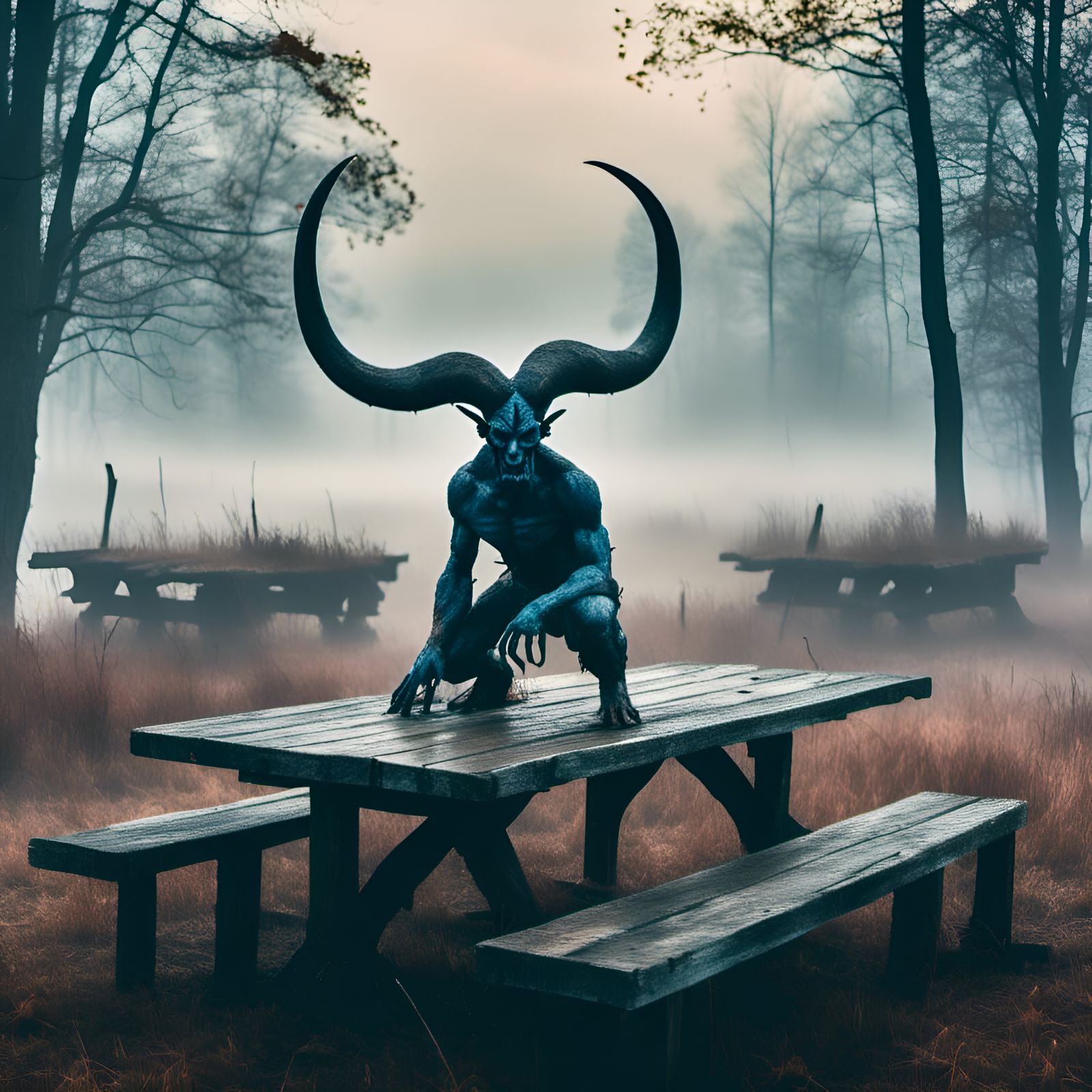 Horned Demon in Misty Pacific Northwest Landscape