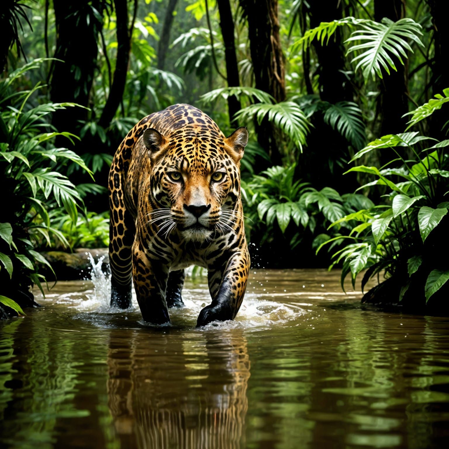 Jaguar in Rainforest River: Sharp Feline Eyes