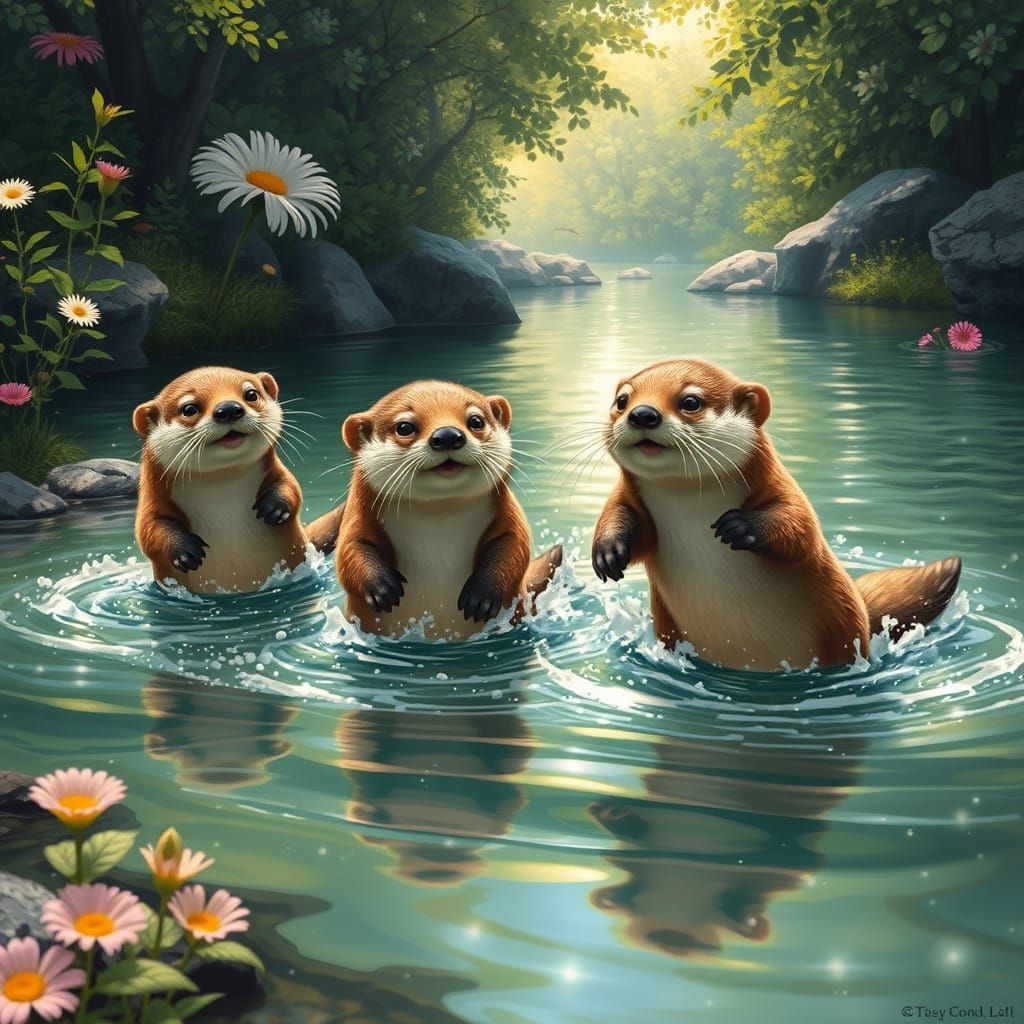 Playful Otters Frolicking in Sun-Dappled River