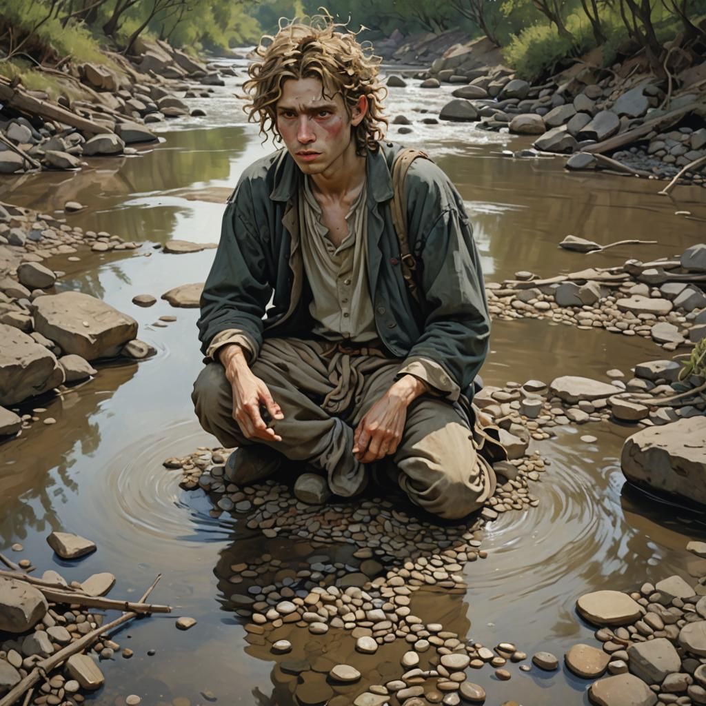 Gaunt Man Walks Riverbed in Abstract Landscape