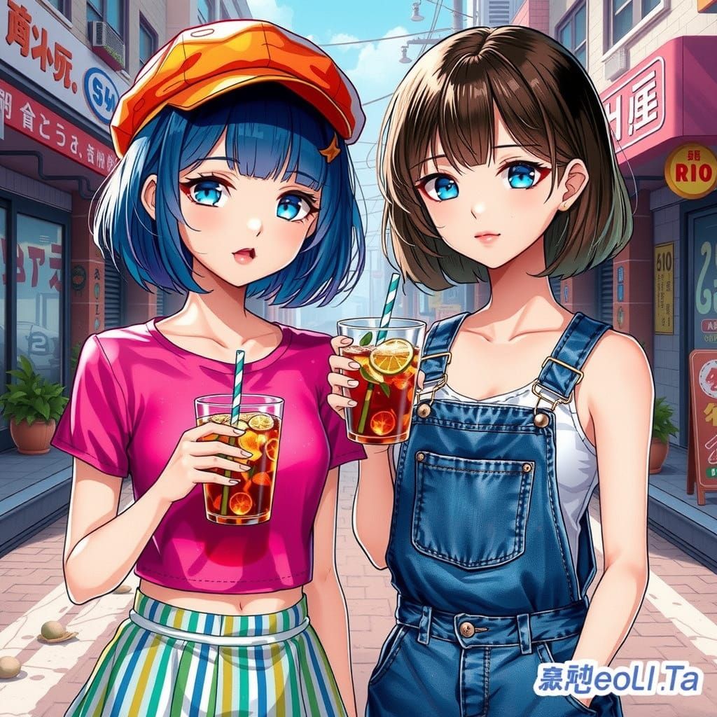 Korean Manga Girls in City Street Scene