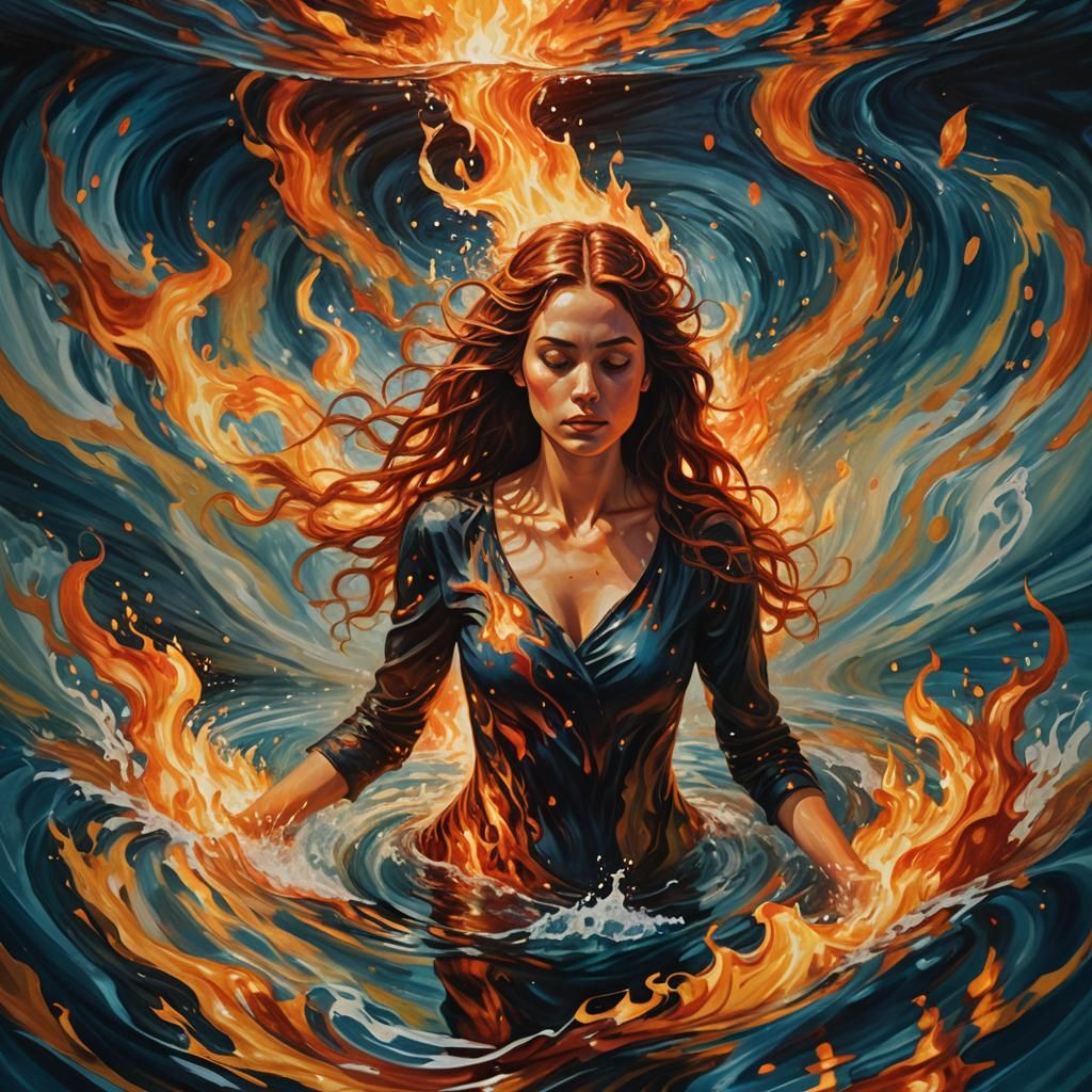 Surreal Woman in Fire and Water, Oil Painting