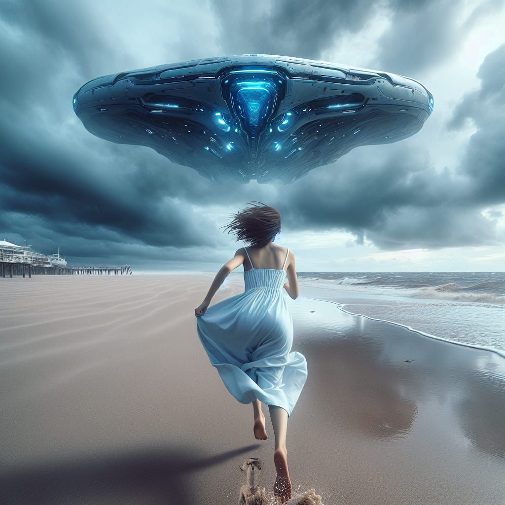 Girl Runs Toward Alien Ship on Windy Beach
