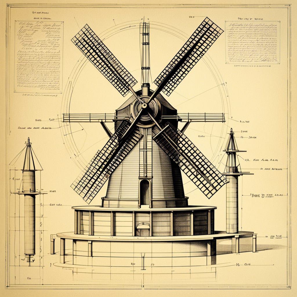 Windmill Technical Drawing in da Vinci Style