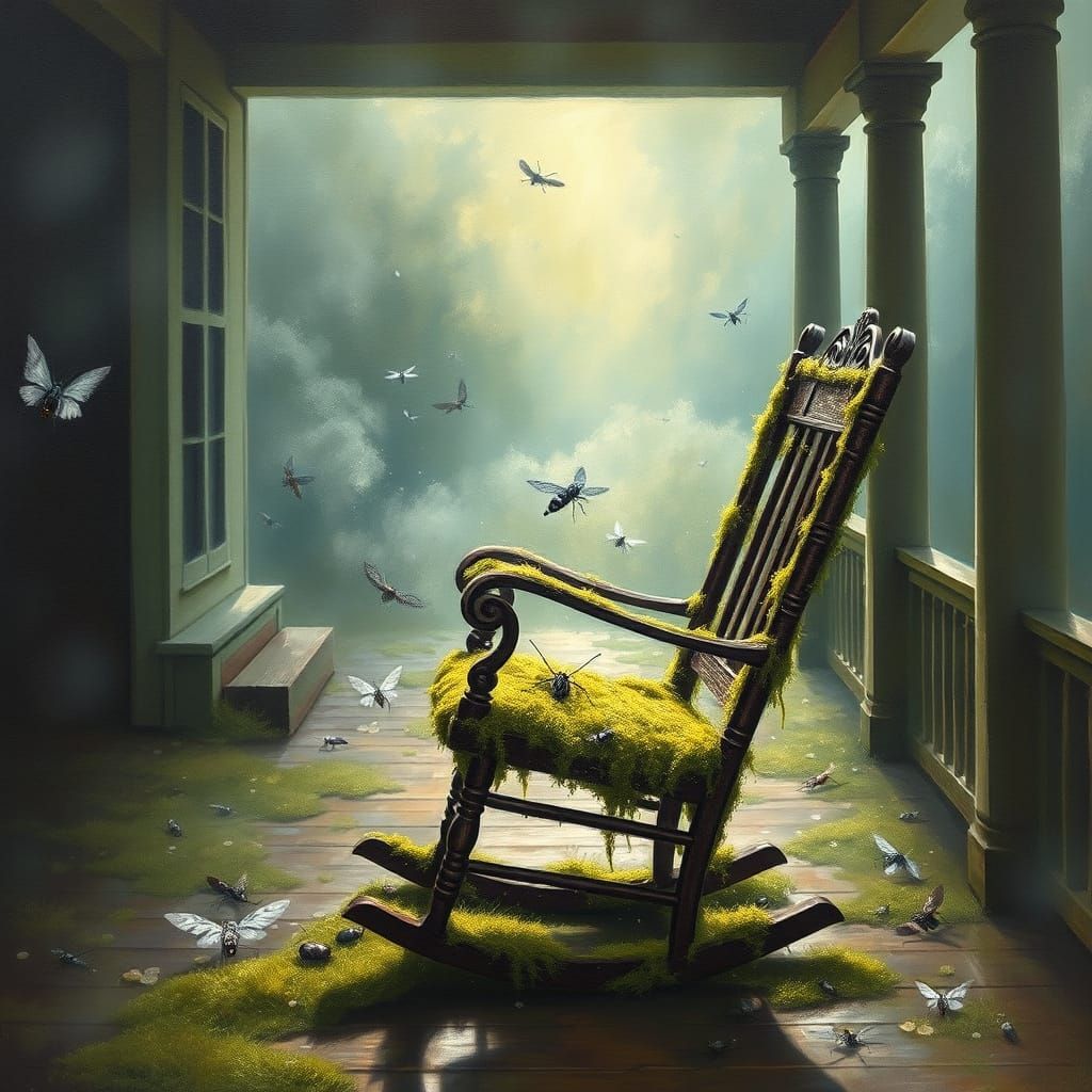 Ethereal Moss-Covered Rocking Chair in Abandoned Porch
