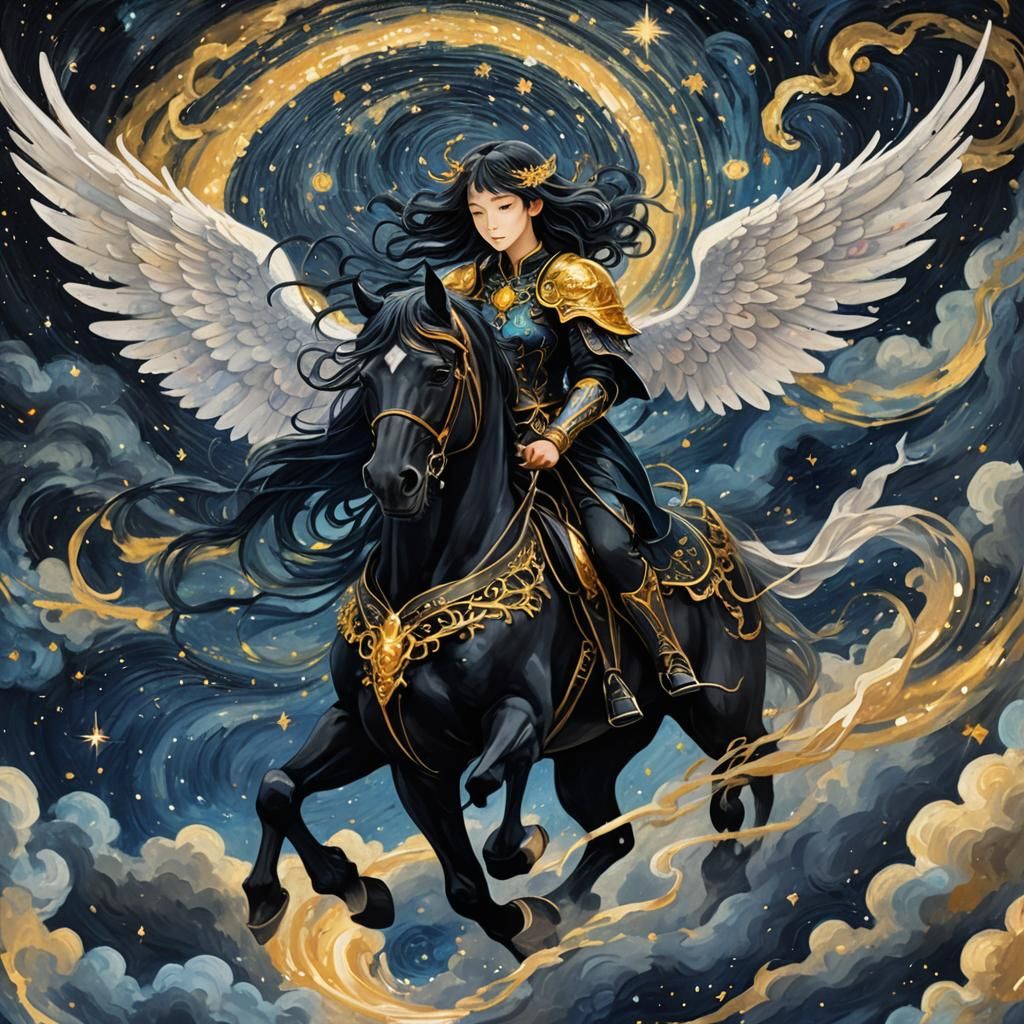 Angel Rides Black Horse in Starry Anime Night