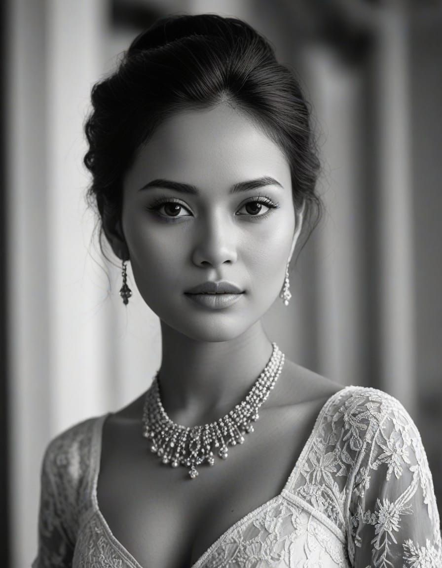 Indonesian Woman in Colonial Mansion: Black and White Photo