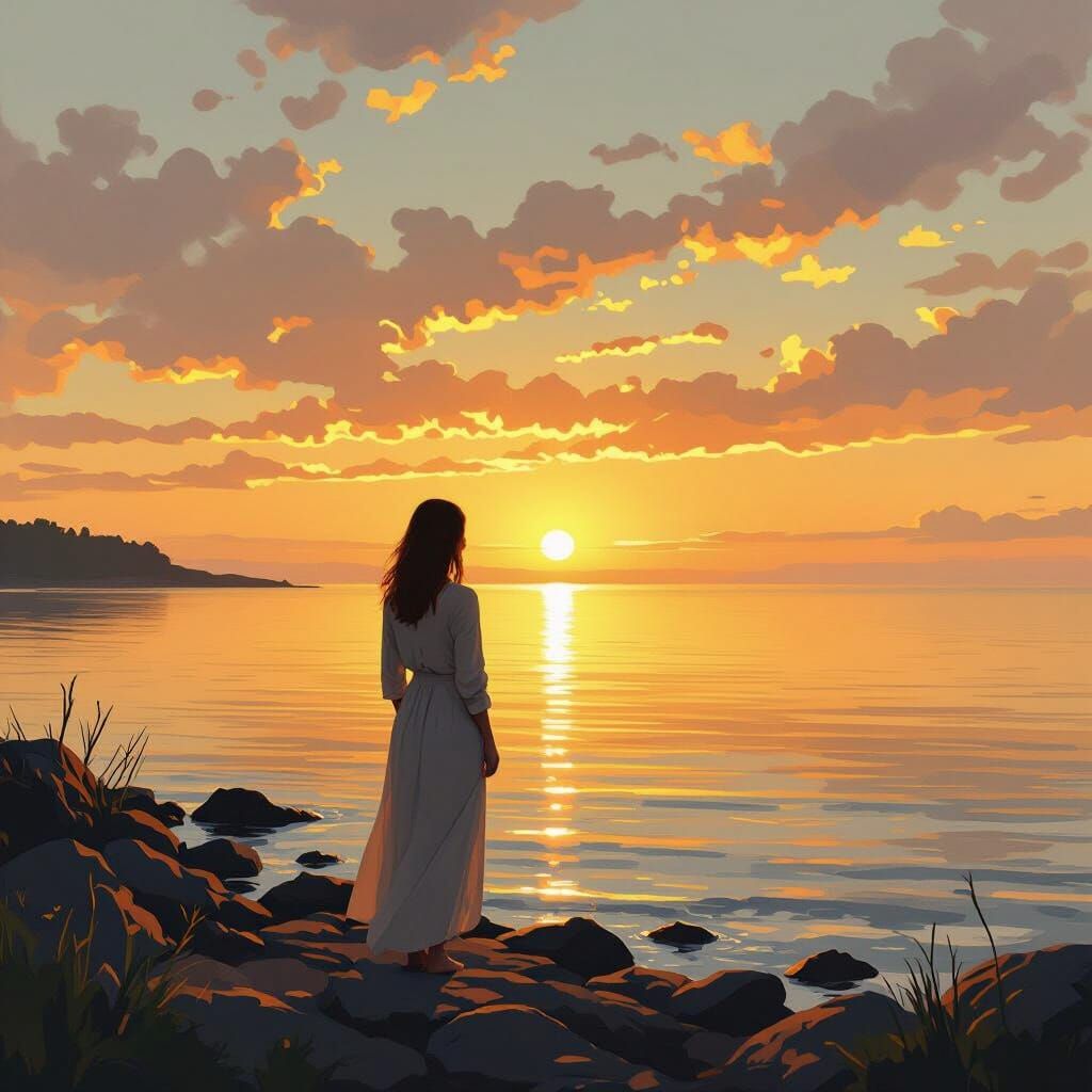 Woman Gazing at Sunrise in Impressionist Style