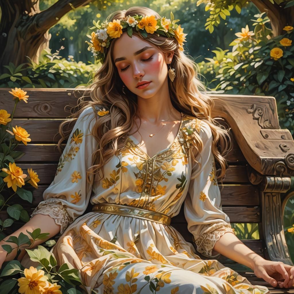 Girl Sleeping on Park Bench in Impressionist Style