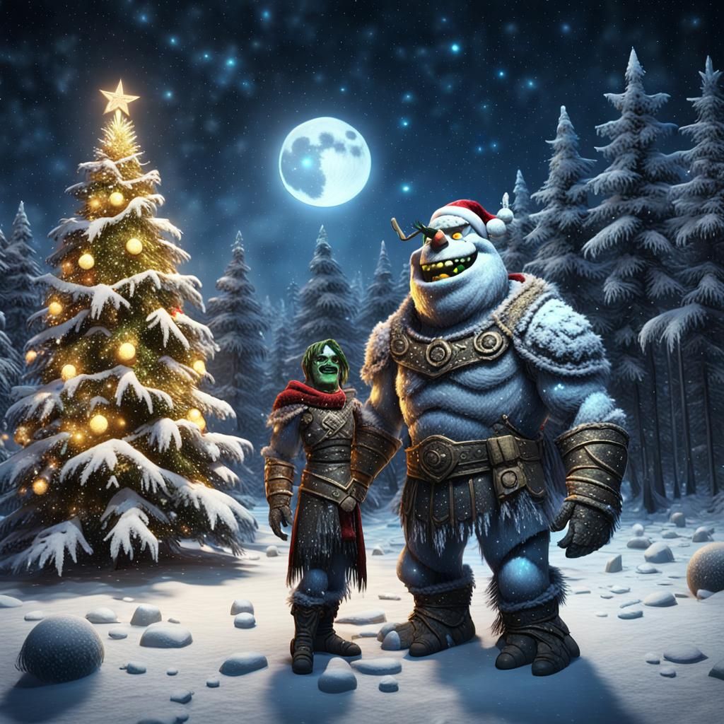 Whimsical Christmas Scene with Smiling Orc and Icy Tree
