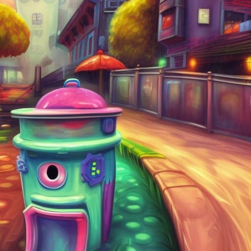 Colorful Cartoon Toilet on Rainy Day: 8K Splash Art
