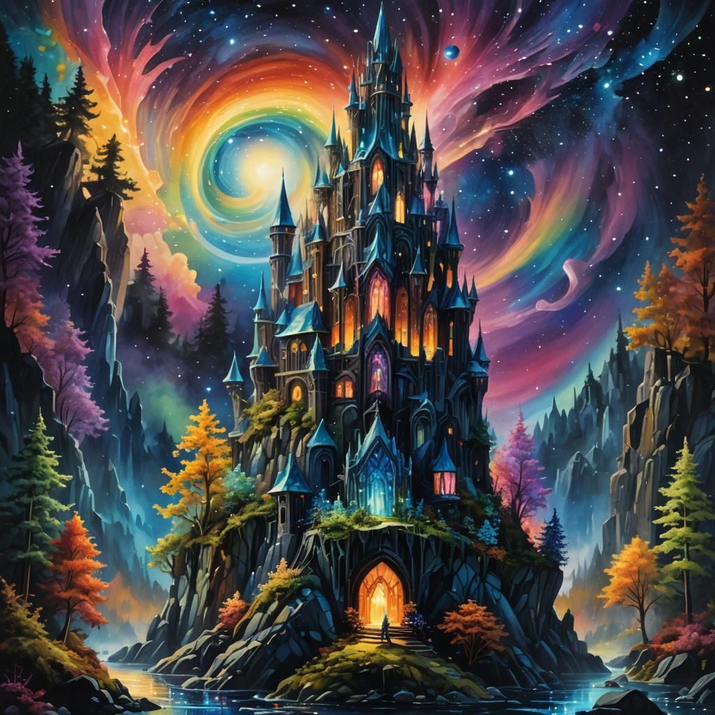 Crystal Tower in Starry Forest: Watercolour Oil Painting