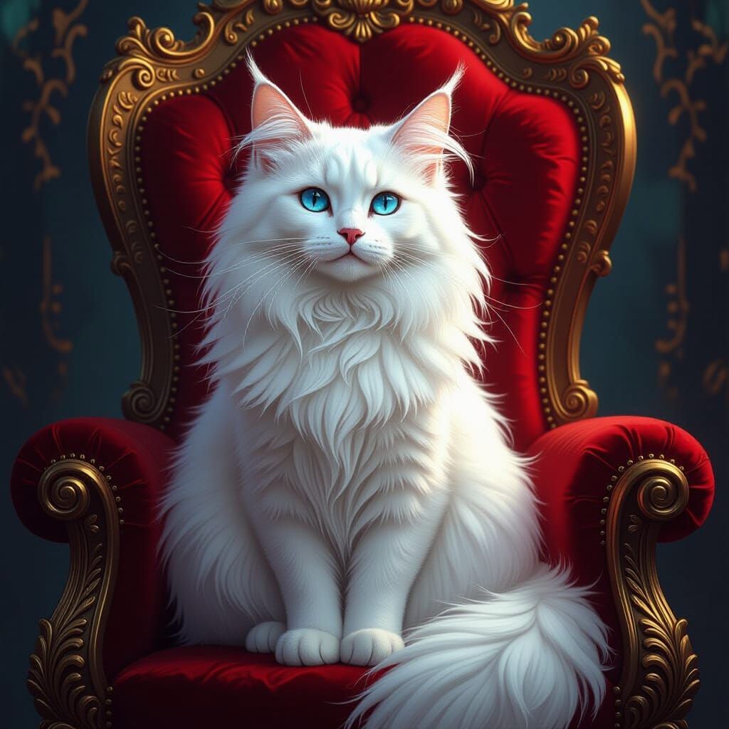 Majestic White Cat on Velvet Throne