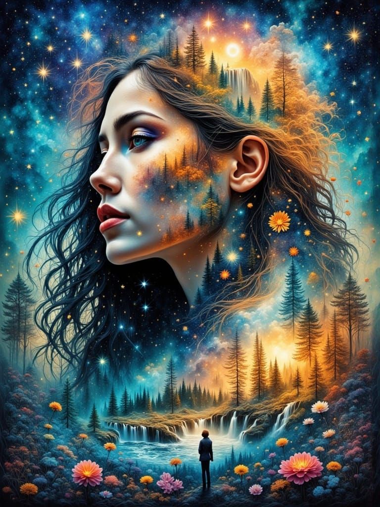 Double Exposure Portrait with Fantasy Landscape
