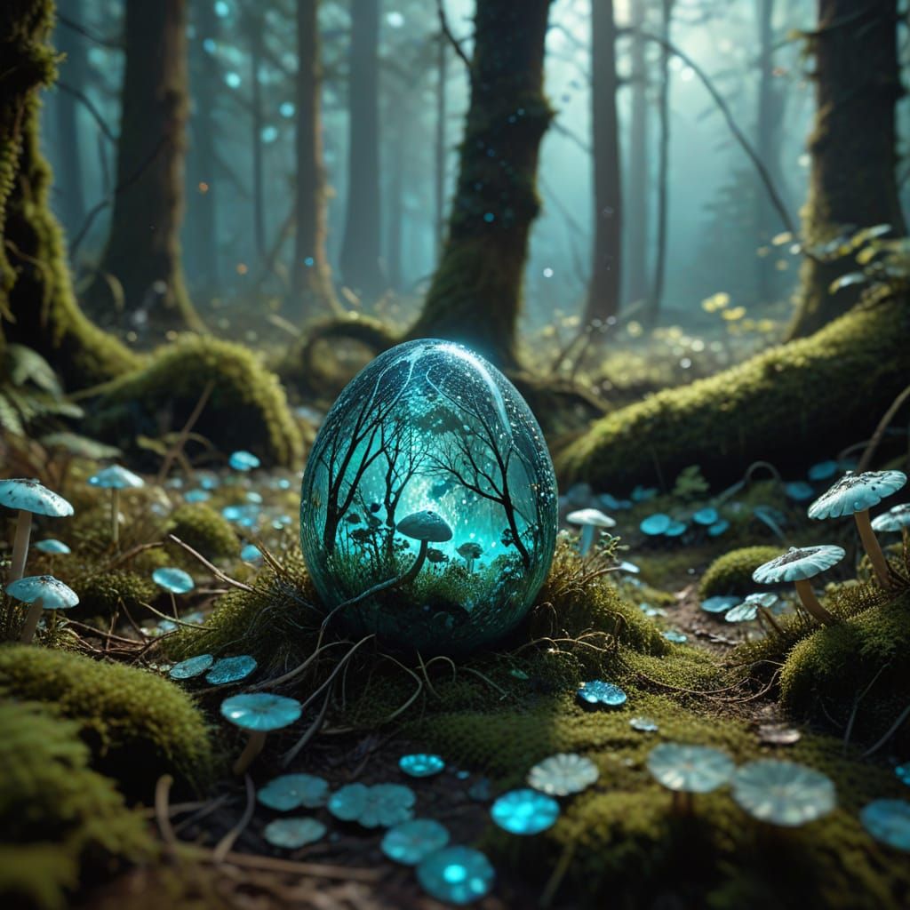 Enchanted Forest Egg Illuminated by Bioluminescent Mushrooms