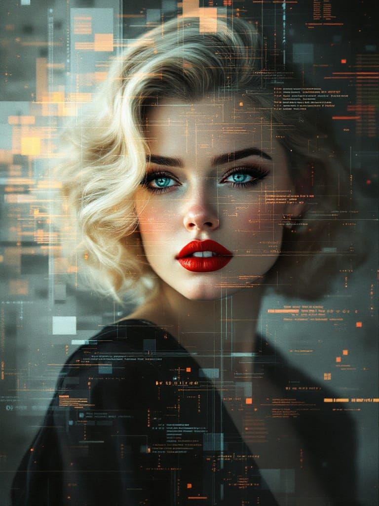 Fractal Code Overlay on 1950s Pin-Up in Tonalist Style