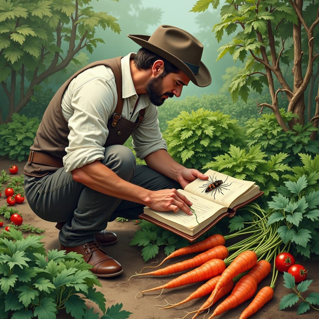 Botanist Inspecting Garden for Insects, Botanical Illustrati...