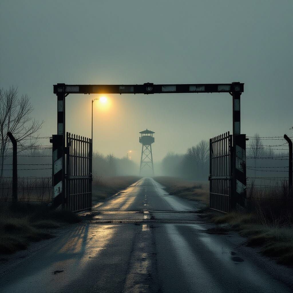 East German Border Gate: Weathered Barrier on Desolate Road