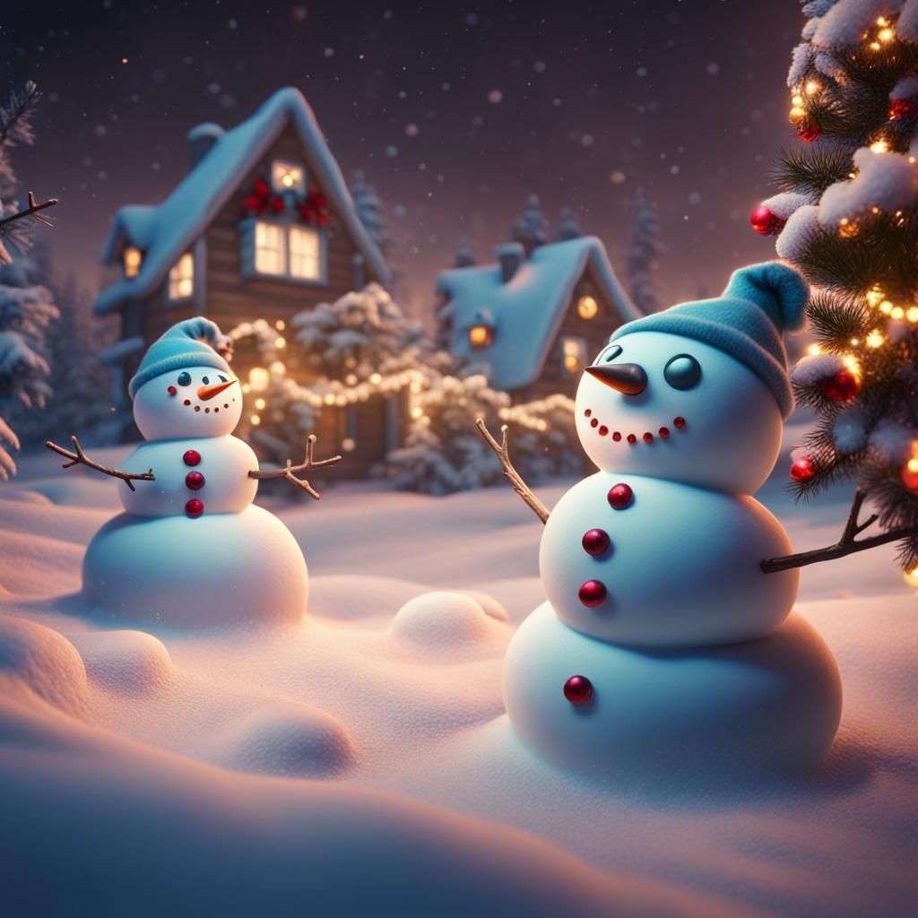 Christmas Snowmen Landscape in Detailed Matte Painting