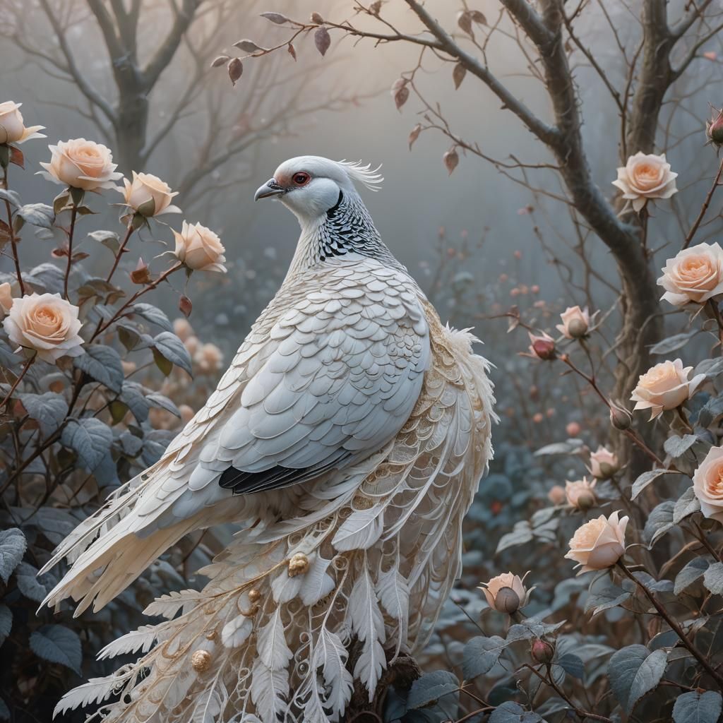 White pheasant in roses