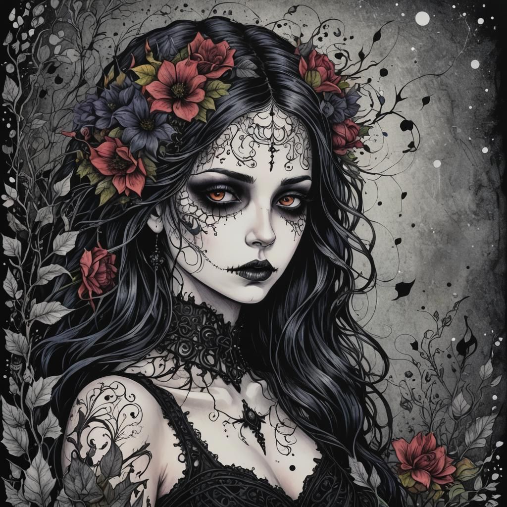 Gothic Death Comforted by Abstract Floral Art