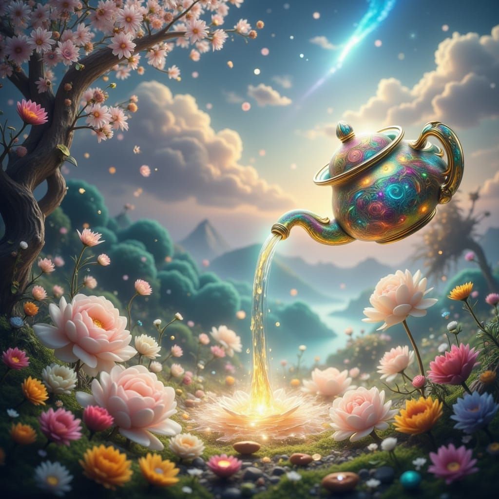 Whimsical Fairy Tale Scene with Teapot and Hazy Clouds