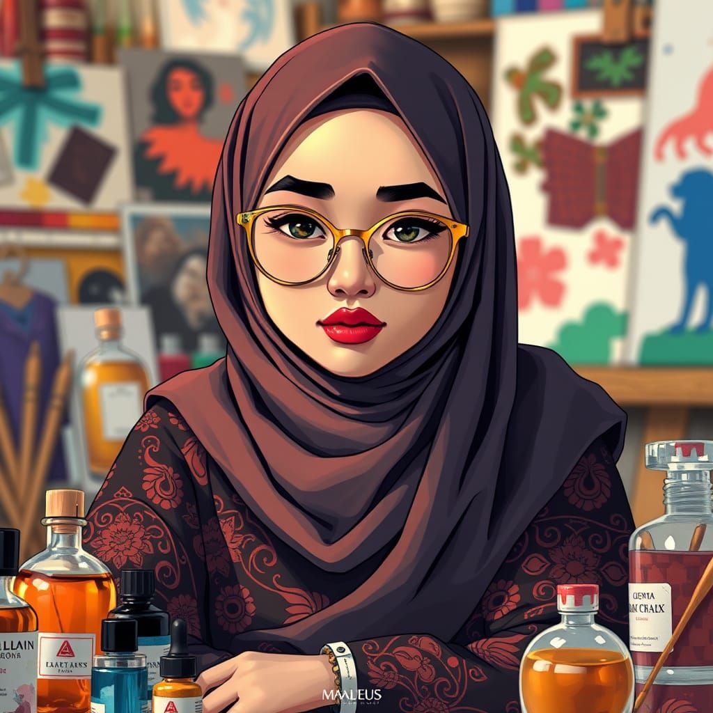 Elegant Hijabi Girl Surrounded by Art in Anime Style