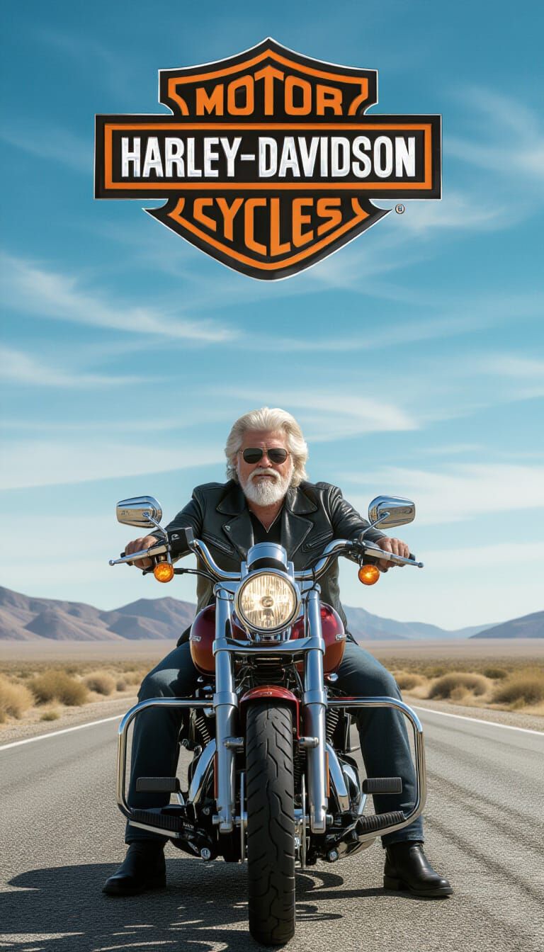 Bob Seger sitting on a Harley-Davidson motorcycle with no he...