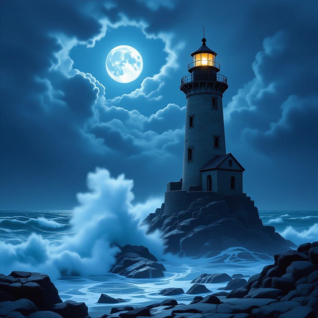 Ancient Lighthouse Against Stormy Moonlight Sea