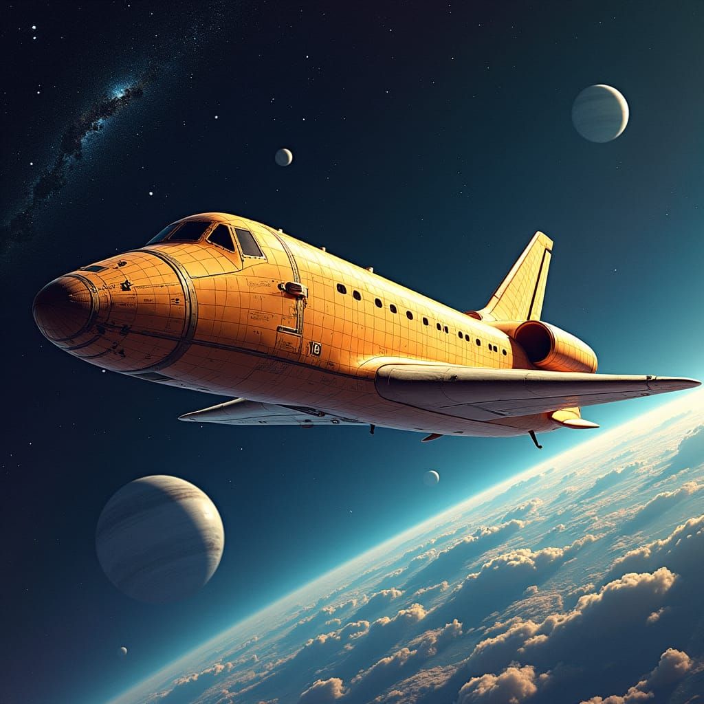 Wood-Paneled Space Shuttle in Retrofuturistic Style