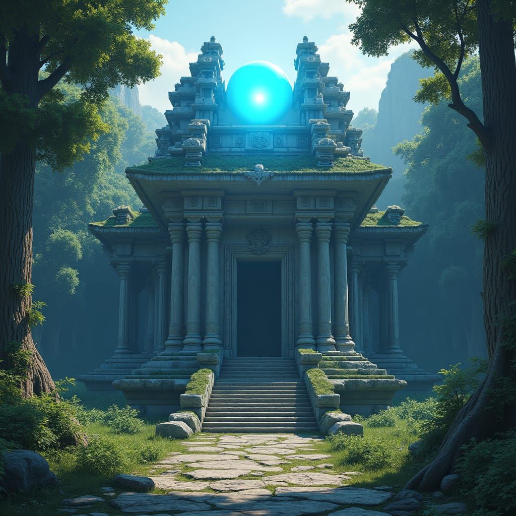 Majestic Stone Temple in Lush Forest with Blue Orb