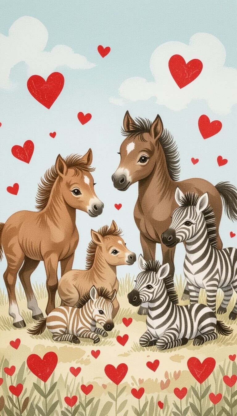 Baby Animals and Hearts on Blue Background in Storybook Styl...