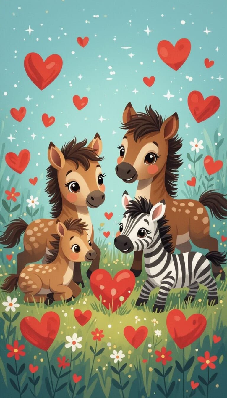 Adorable Baby Foals and Zebras Among Red Hearts