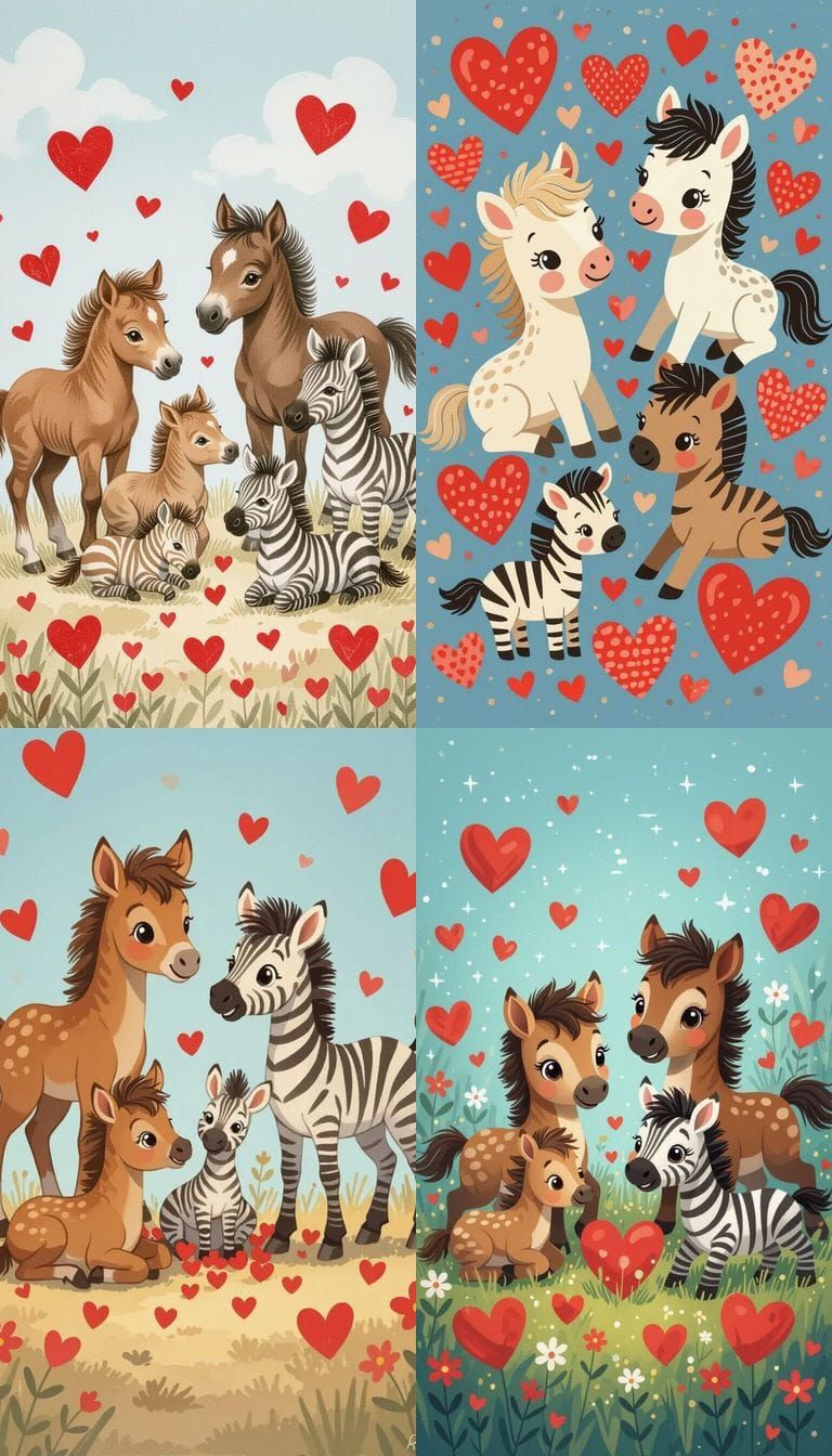 Cute Foals and Baby Zebras with Red Hearts on Blue Backgroun...