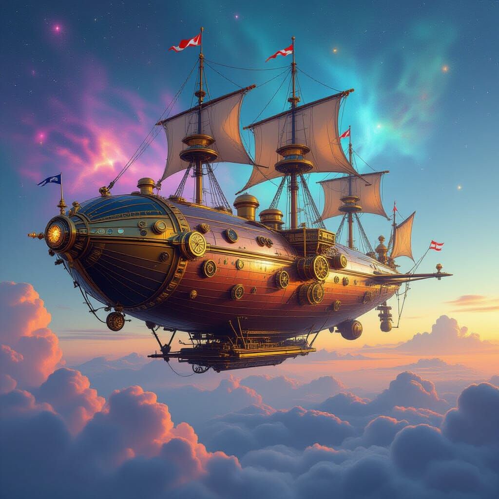 Steampunk Airship Sails Through Iridescent Nebula