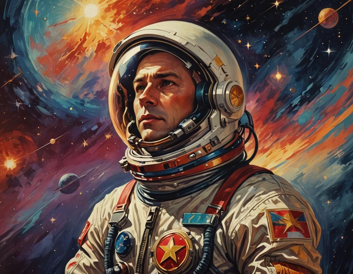 propaganda poster, cosmonaut head, socialist realism style,