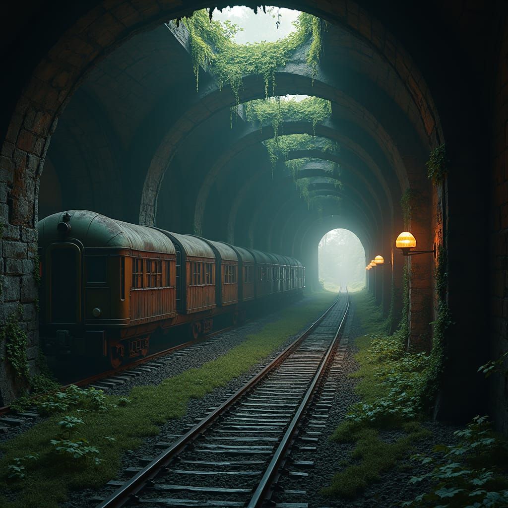 Dystopian Underground Train Station Reclaimed by Nature