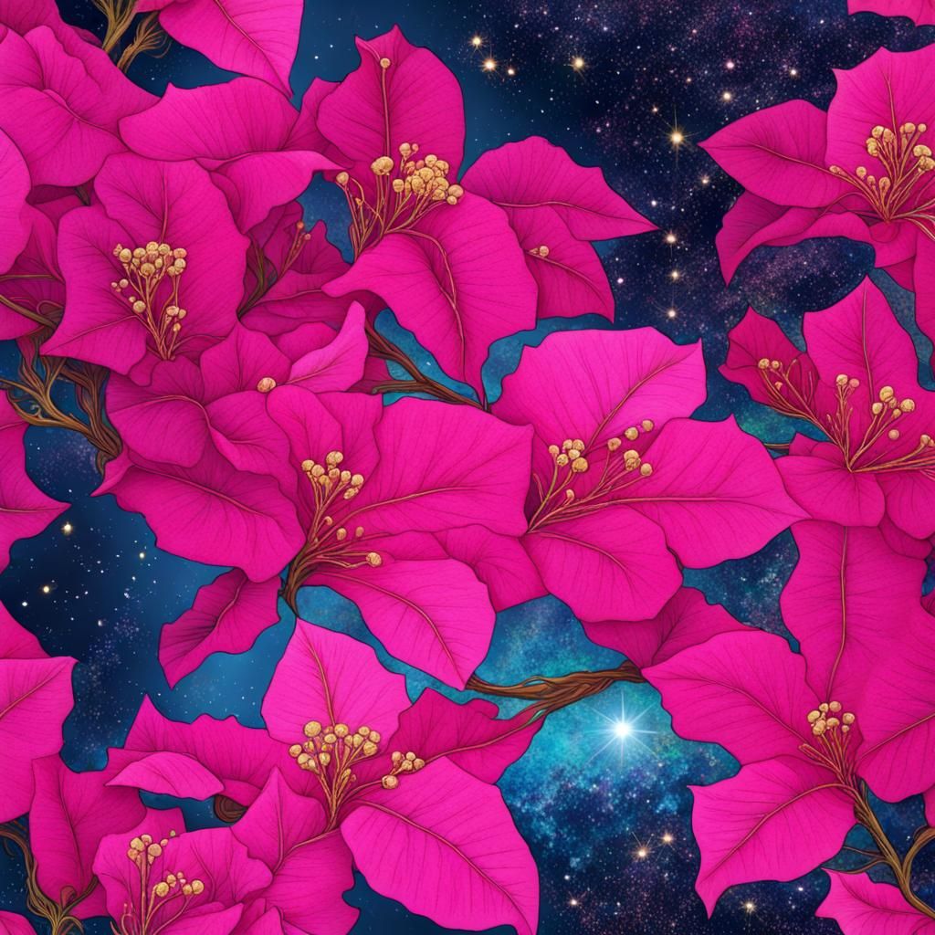 Cosmic Bougainvillea Branch with Glitter Sparks