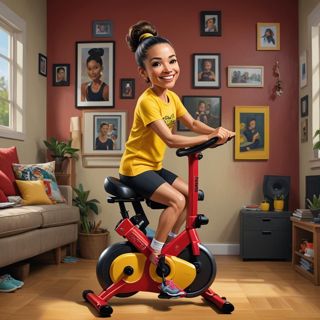 Latina Woman on Exercise Bike, Photorealistic Airbrush Art