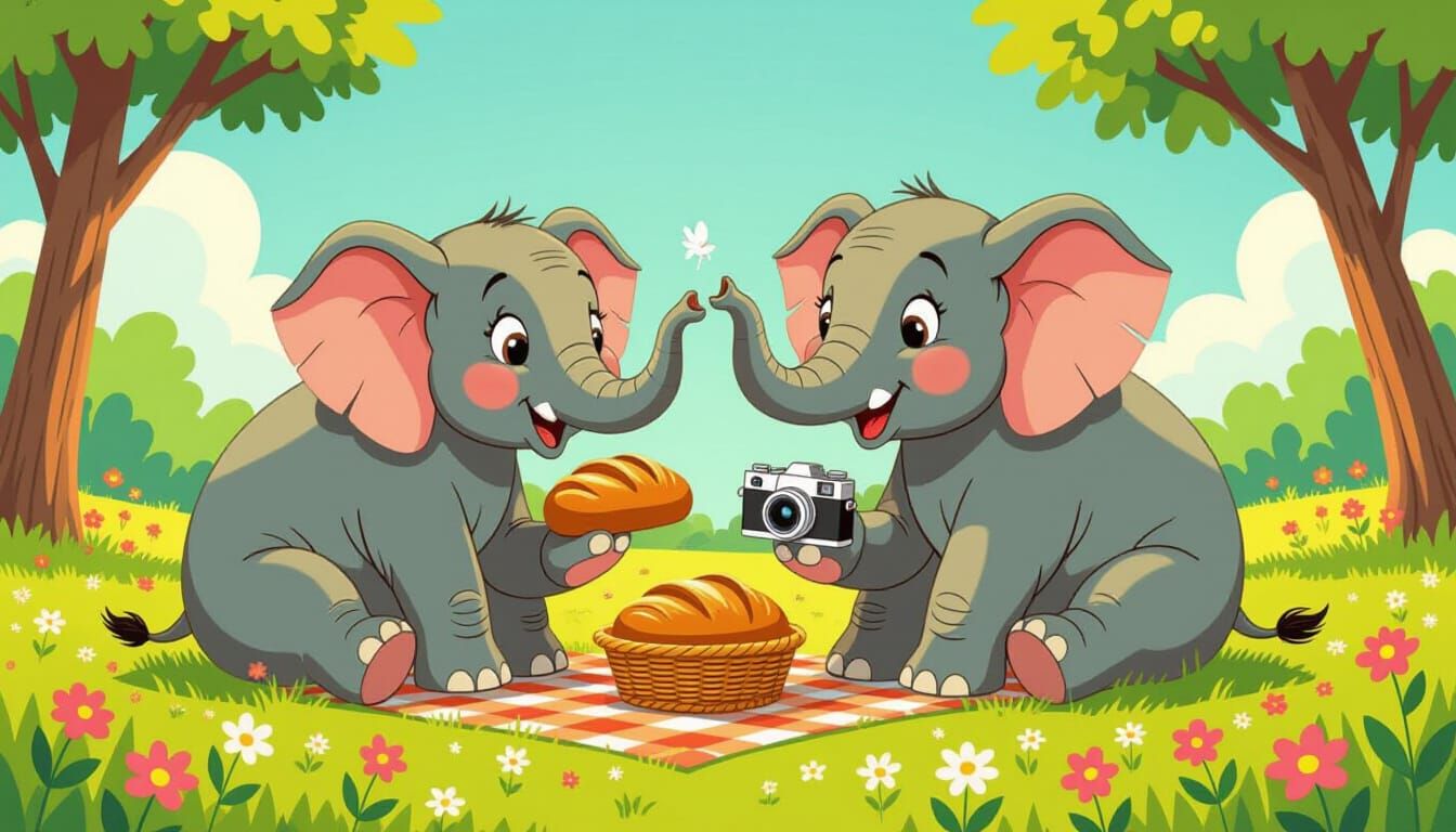 Elephant Family Picnic in 1950s Illustration Style