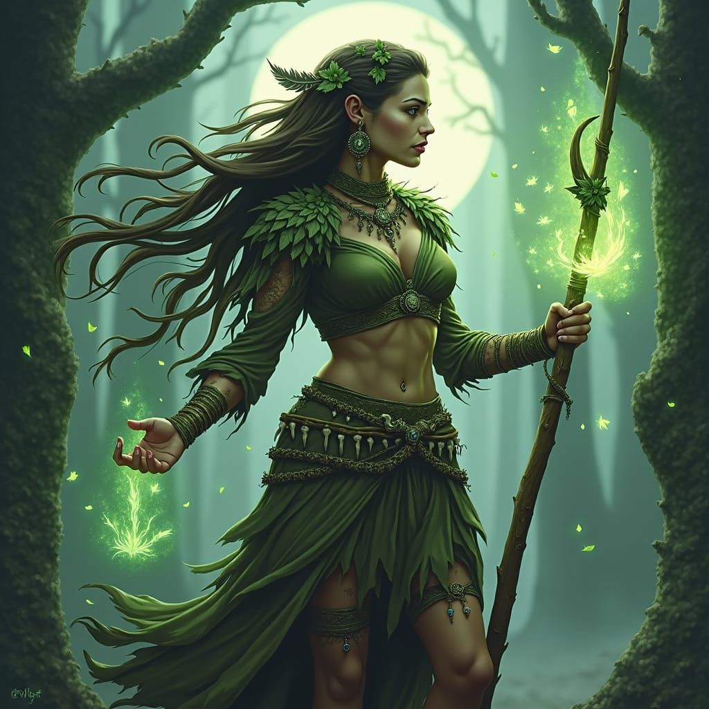 Druid Warrior Woman in Autumnal Fantasy Landscape