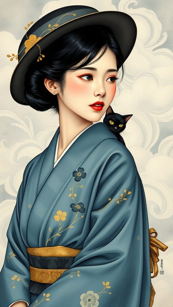 Japanese Kimono Beauty in Soft Moonlit Hues