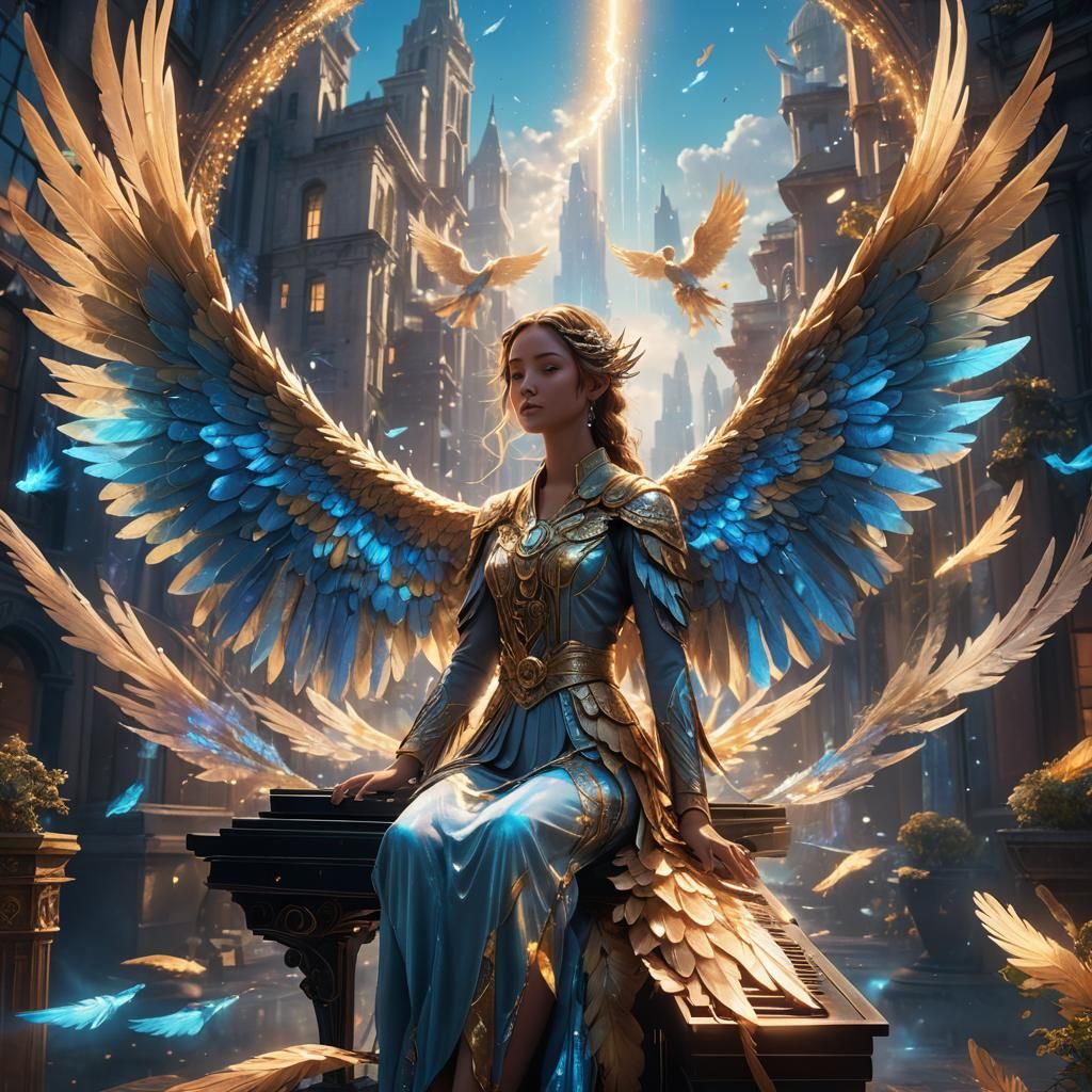 Celestial Angel Plays Keys in Ethereal City