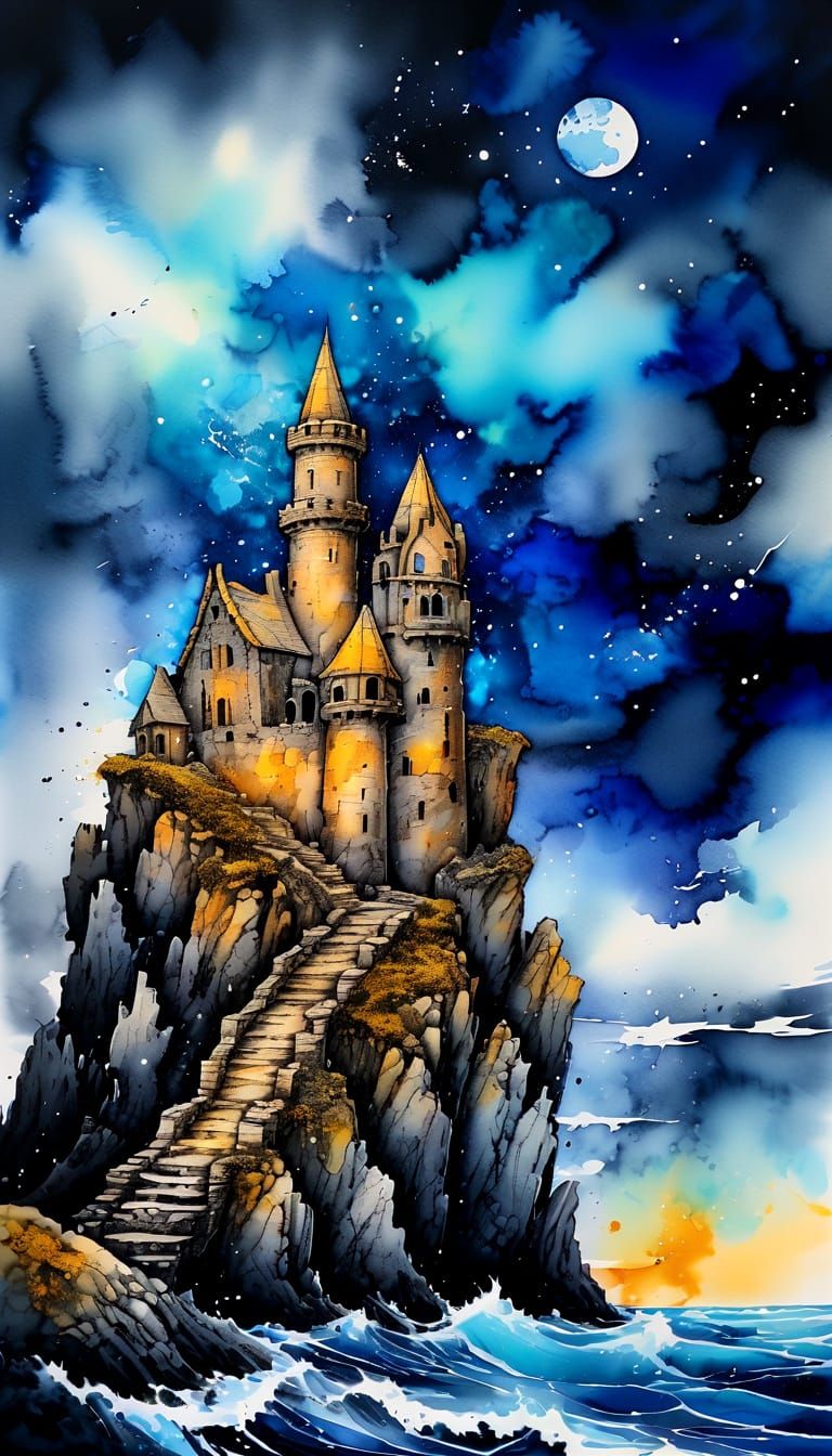 Ancient Oceanic Castle Keep in Cosmic Inkwash