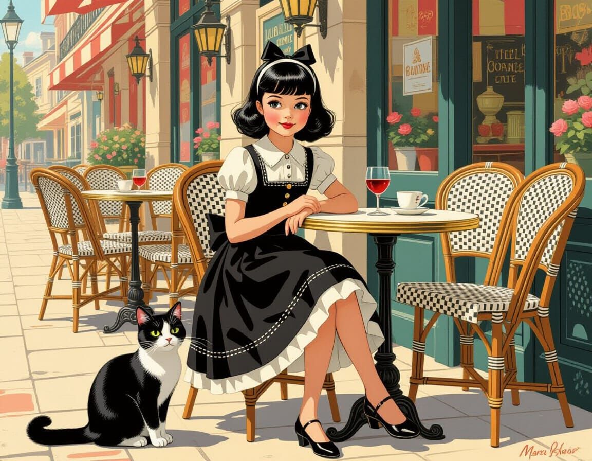 Girl at Cafe with Cat in Pin-Up Style