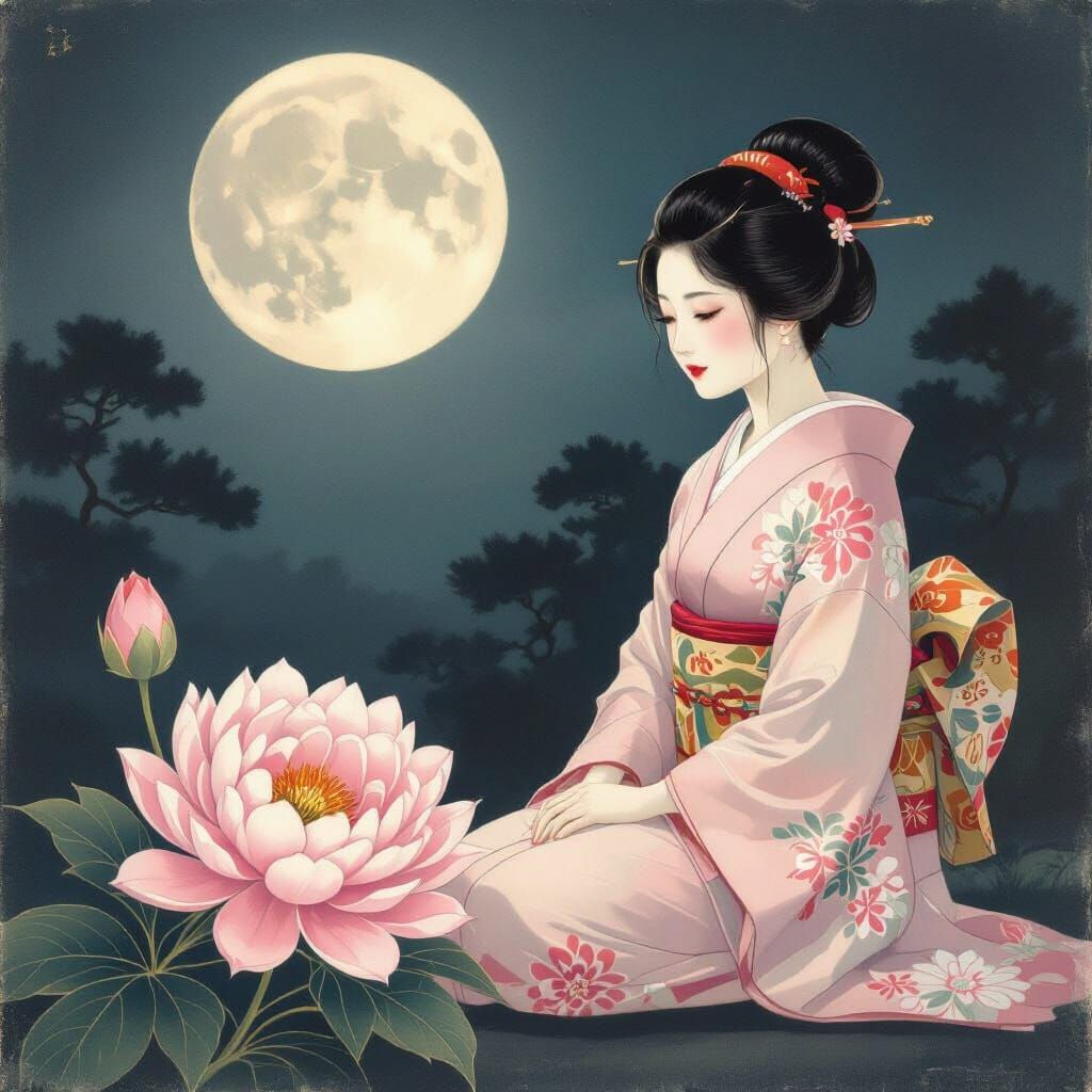 Moonlit Garden: Woman and Flower in Japanese Art Style