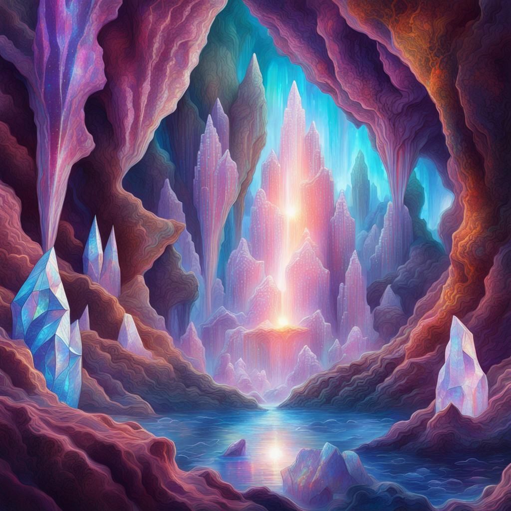 Surreal Cosmic Caves in Vibrant Holographic Style