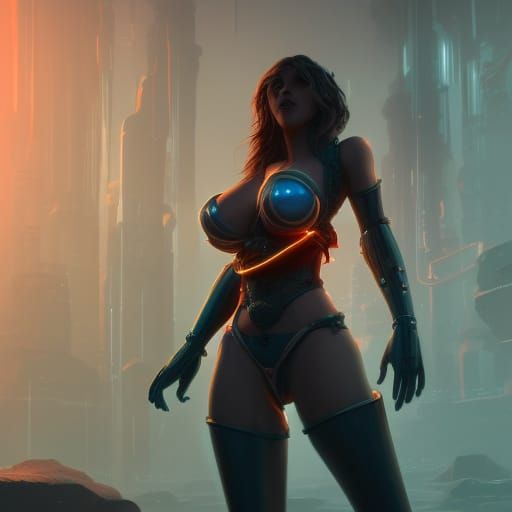 Android Woman with Neon Lights in Detailed Matte Style